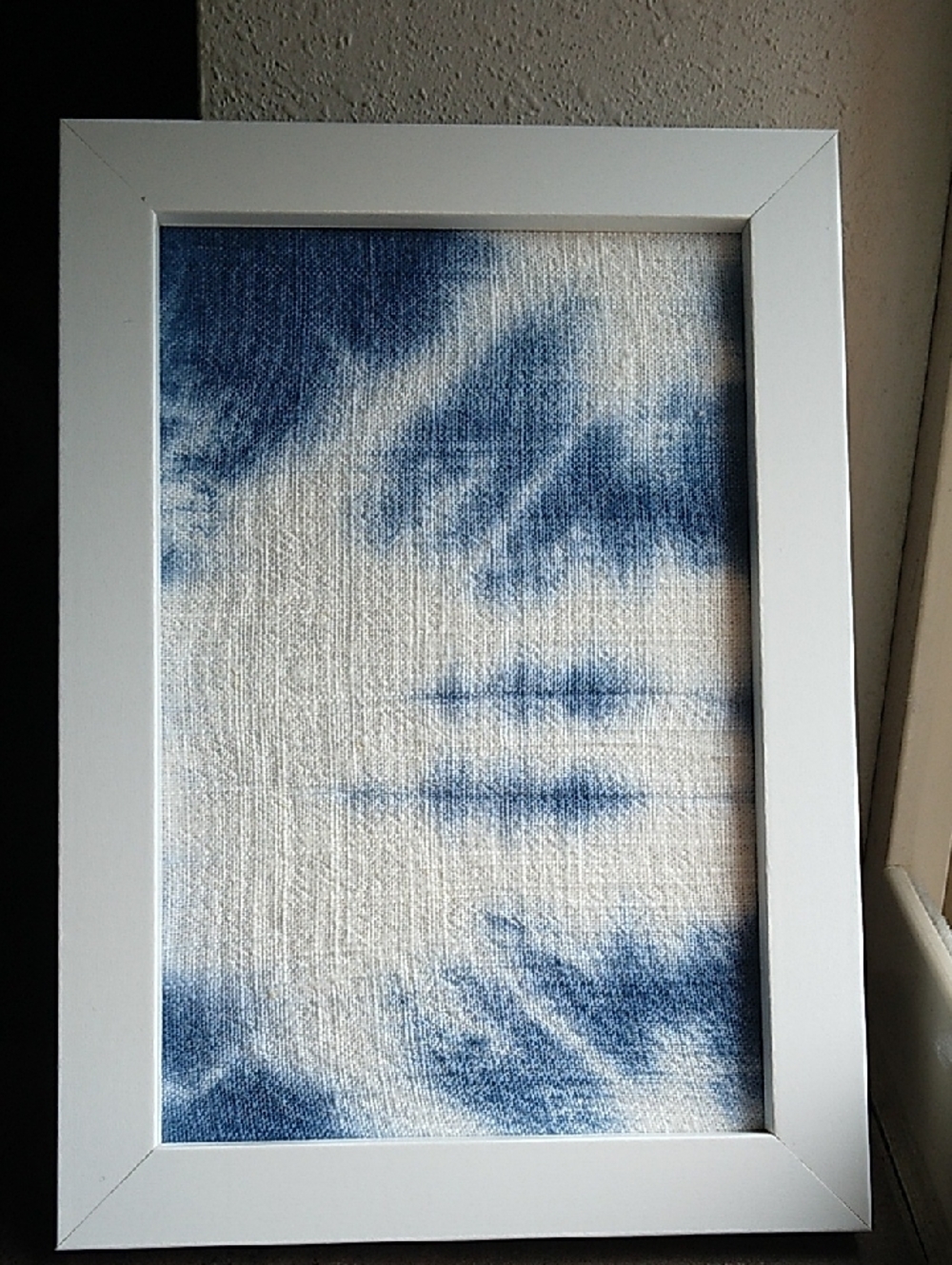 Handmade Framed Blue and White Tie Dye Textile Art